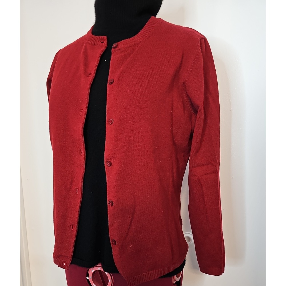 Classic Red Crewneck Button Up Cardigan Sweater Fitted Small